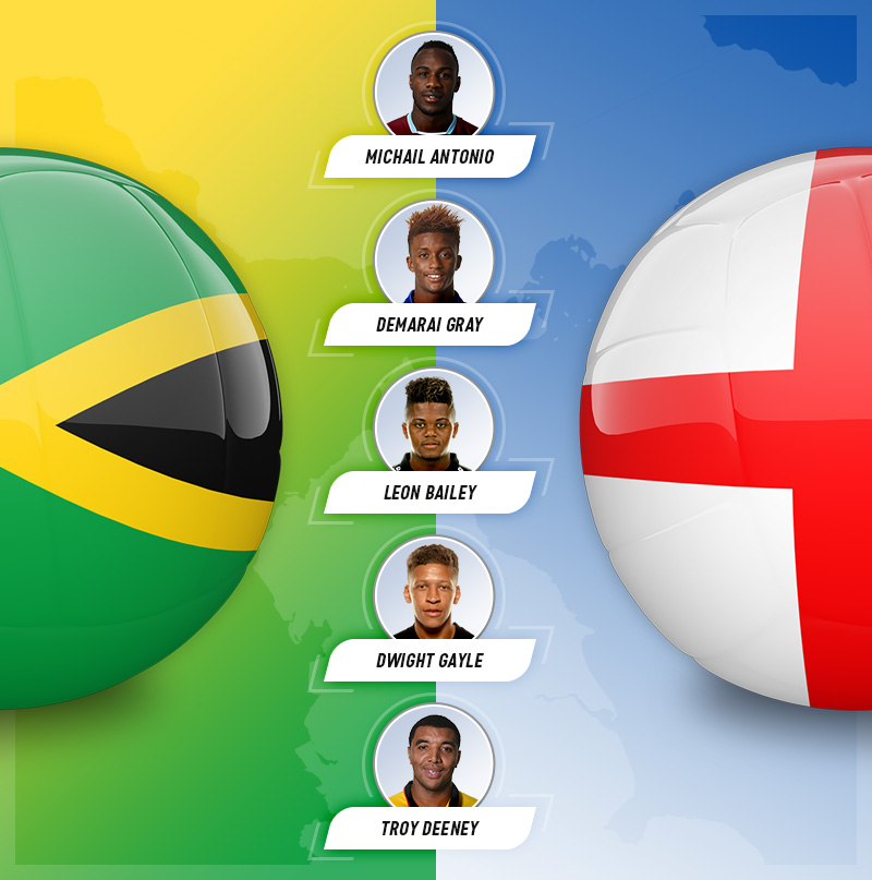 Five players who are eligible for both England and Jamaica, on a background of both flags