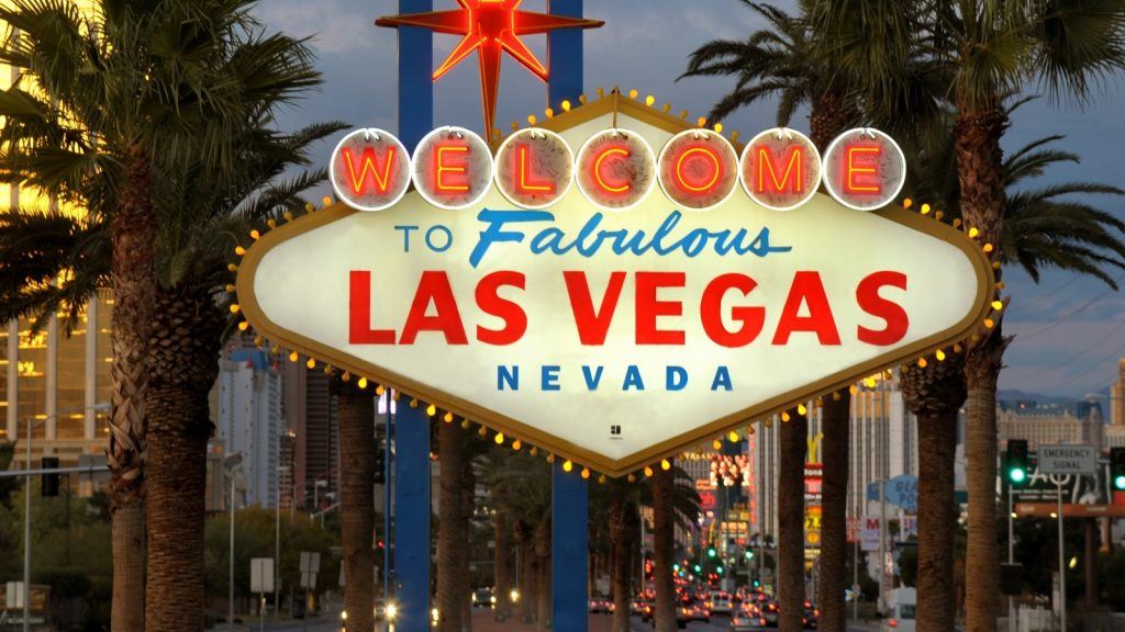 A welcome to Las Vegas sign at the beginning of the strip