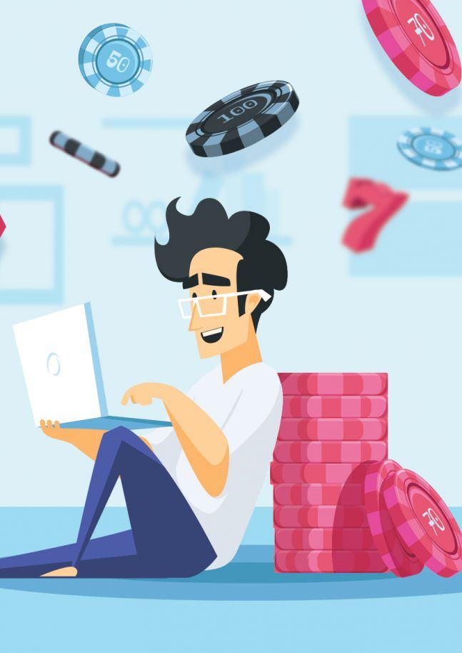 Cartoon man playing games on laptop