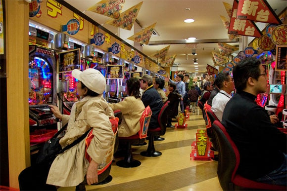 Inside a pachinko arcade.