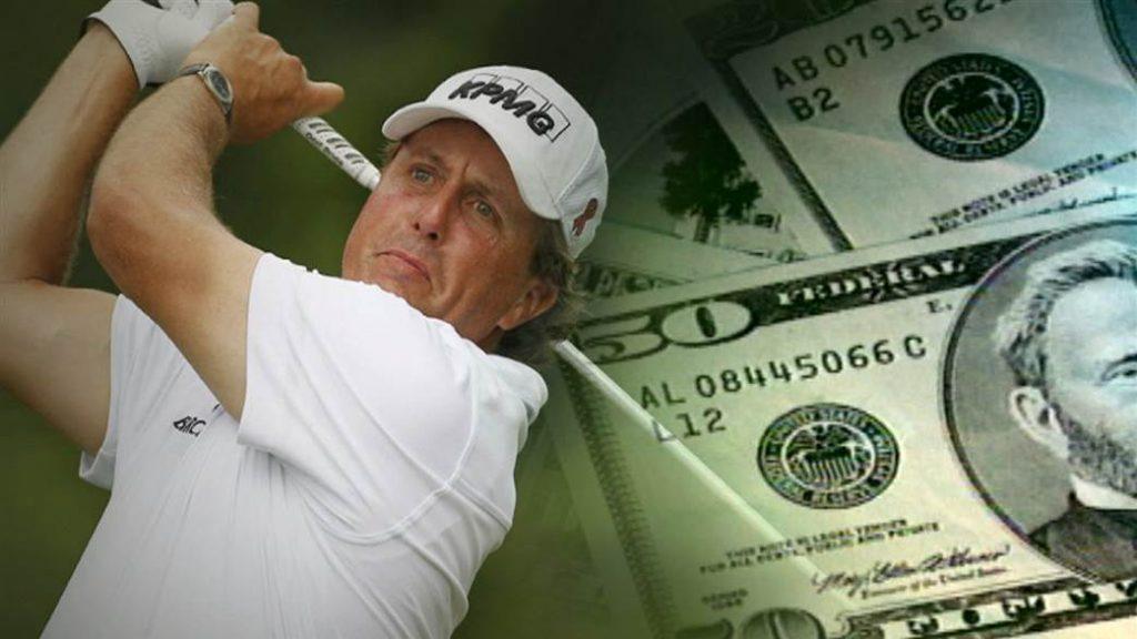 Phil Mickelson playing golf next to gambling cash