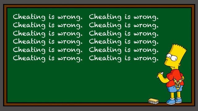 Bart Simpson writing no cheating on blackboard
