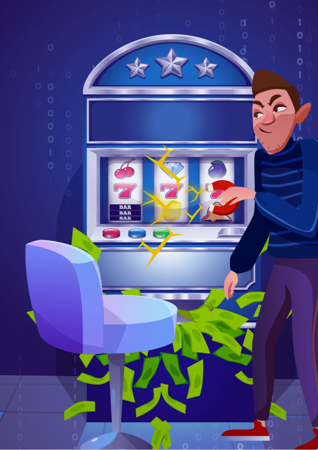Graphic of a man cheating a slot machine with a magnet.