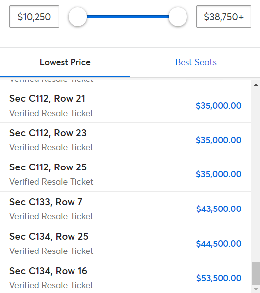 Image of Super Bowl ticket prices on Ticketmaster in January 2024