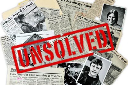 unsolved crimes with newspapers in background