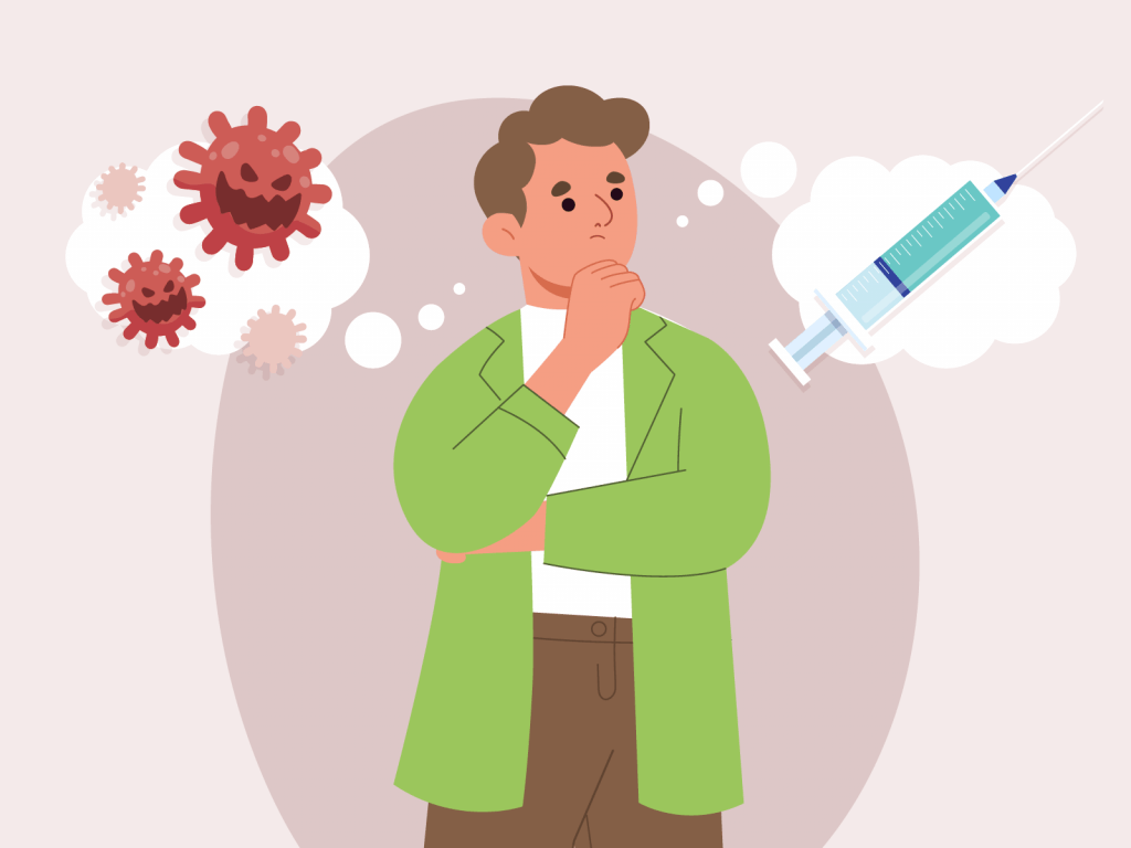 Person weighing up the pros and cons of having COVID vs the vaccine