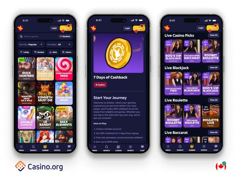 Interfejs RooBet Casino z opcjami bonusowymi