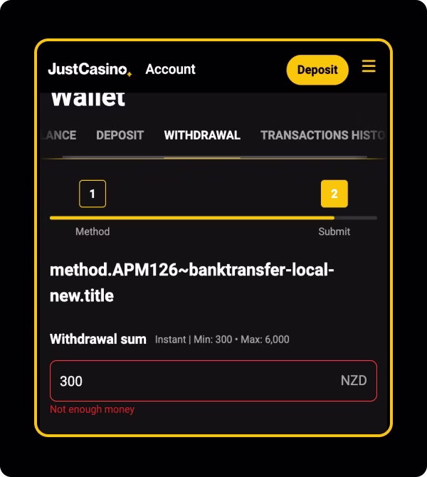 JustCasino NZ withdrawal step 1