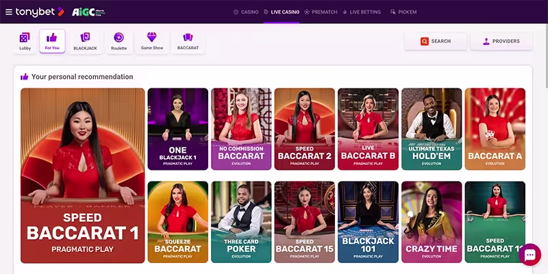 TonyBet Alberta - Live casino lobby