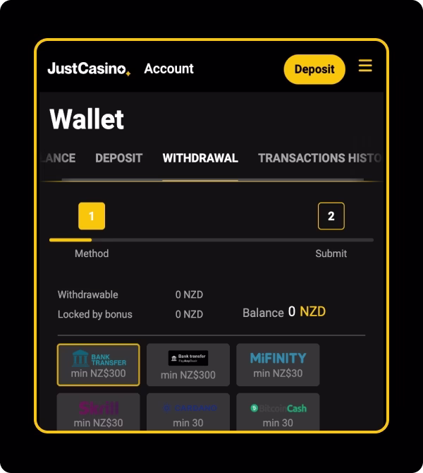 JustCasino NZ withdrawal step 1