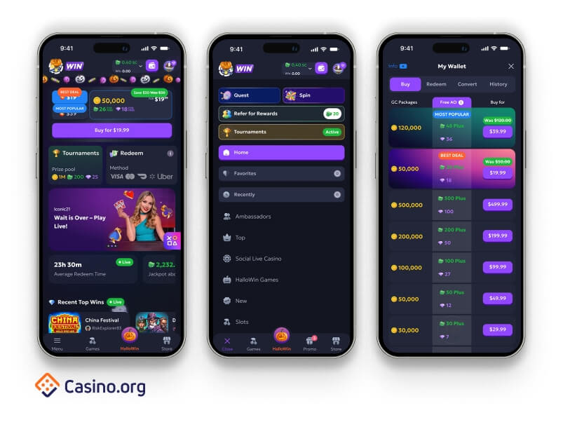 Schermata dell app Wincasino con bonus in evidenza