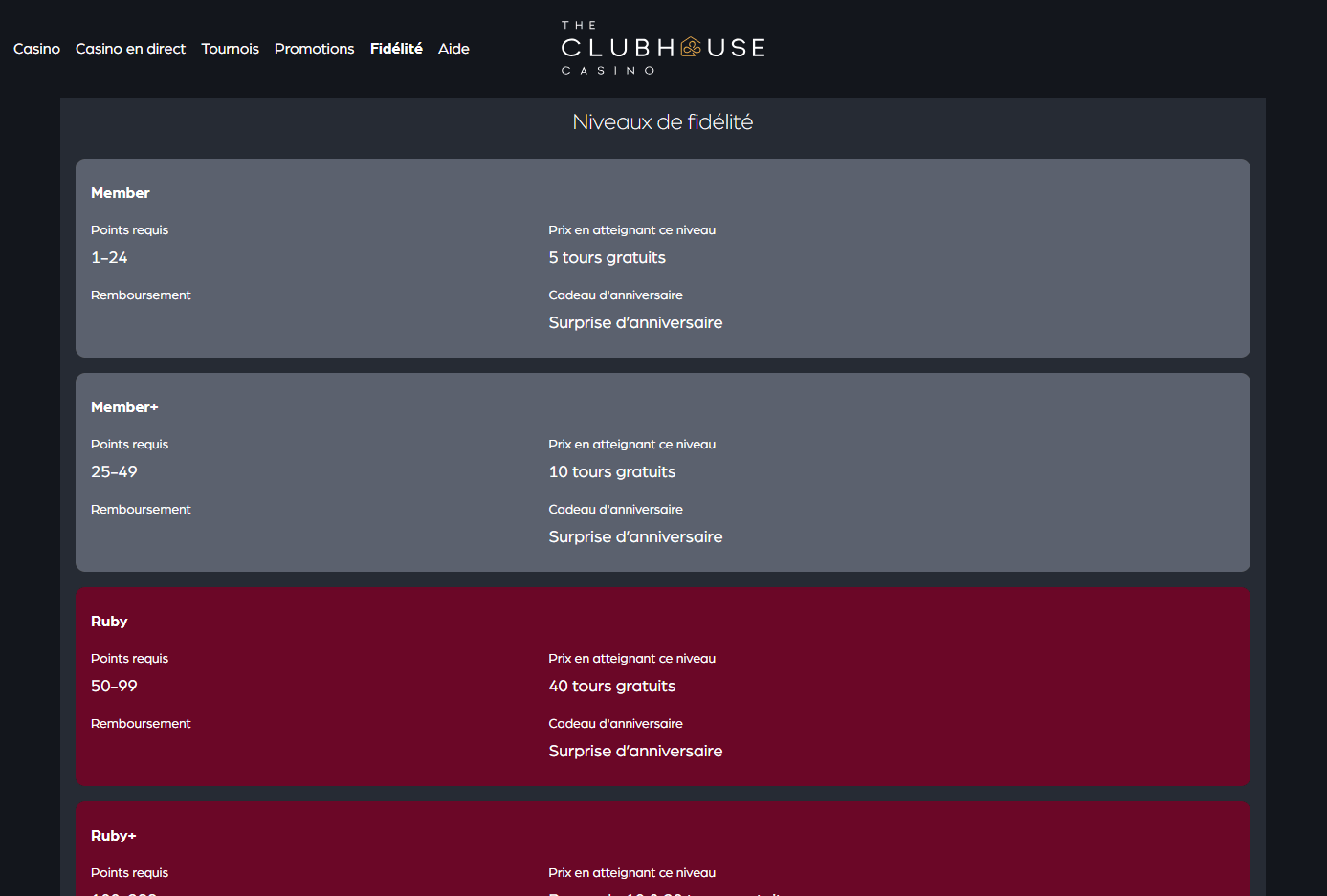 The Clubhouse Casino - Loyalty program