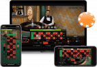 Mann, Smartphones, Tablet, Mann, Roulette-Tisch