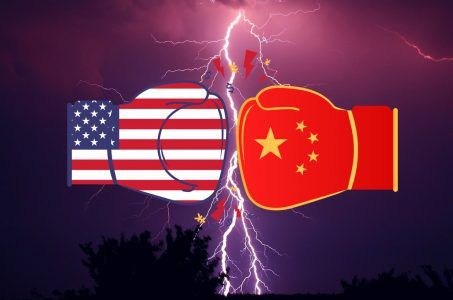 US-Flagge, China Flagge, Blitz, Boxhandschuhe