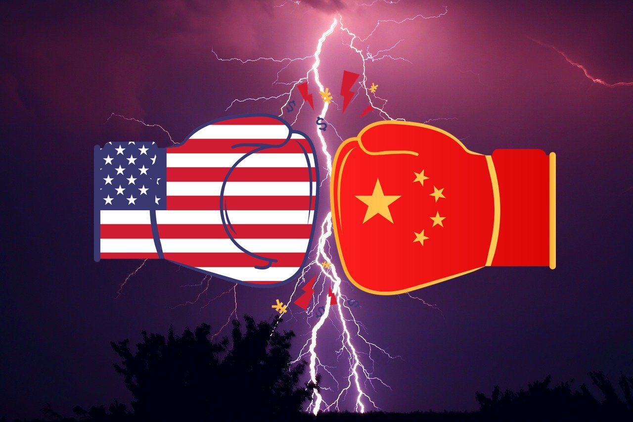 US-Flagge, China Flagge, Blitz, Boxhandschuhe