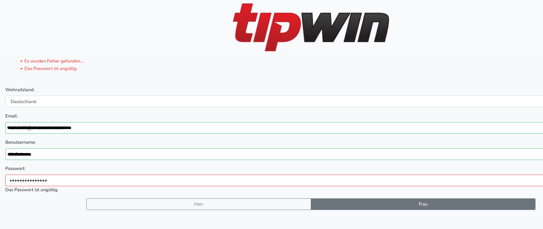 Tipwin Registrierungsformular