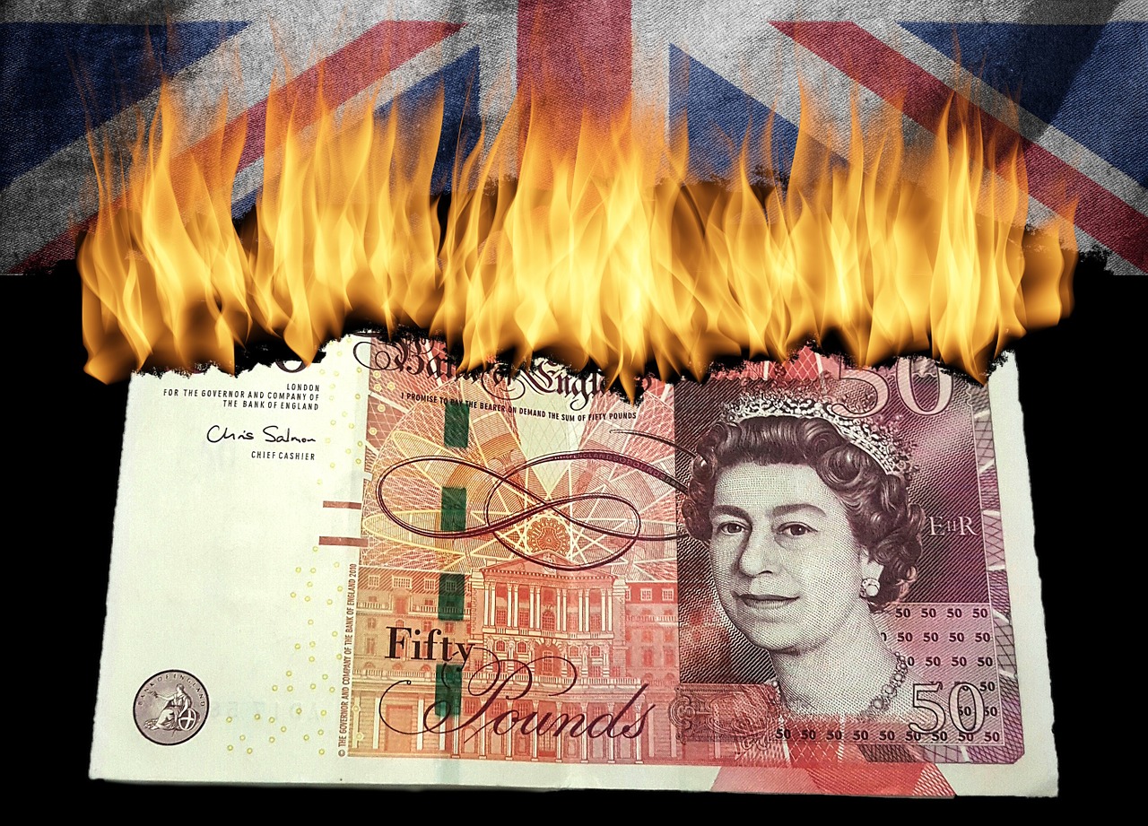 britische Flagge, Feuer, Pfundnote