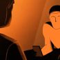 Comic, Frau, Mann mit Handy