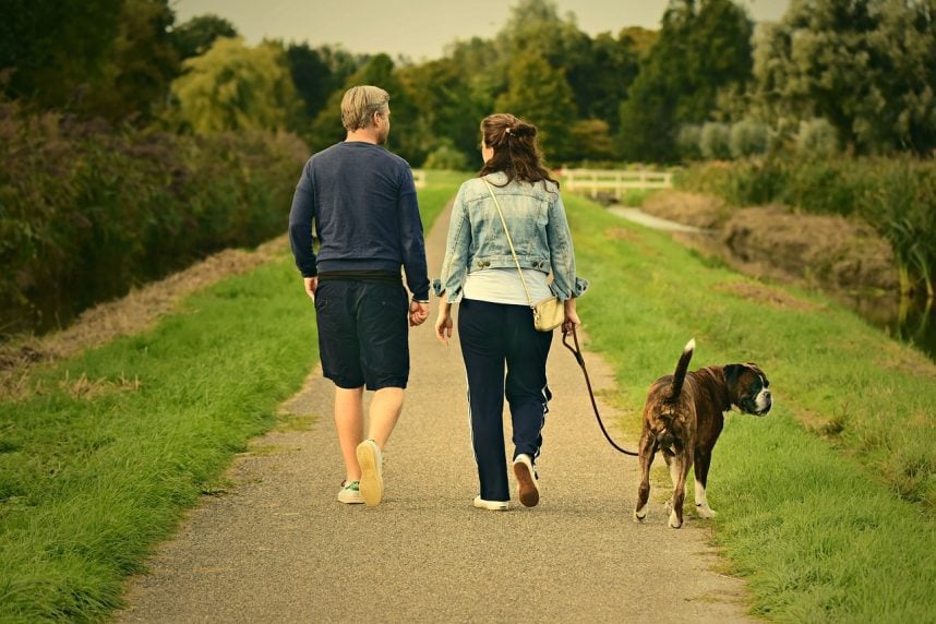 Paar mit Hund beim Spaziergang