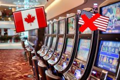 Spielautomaten, Flaggen USA und Kanada, rotes Kreuz