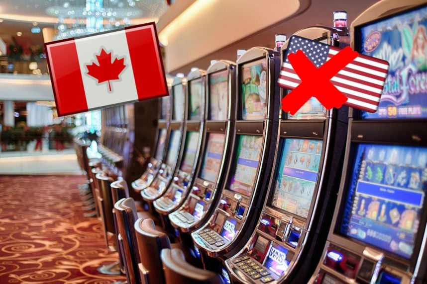 Spielautomaten, Flaggen USA und Kanada, rotes Kreuz
