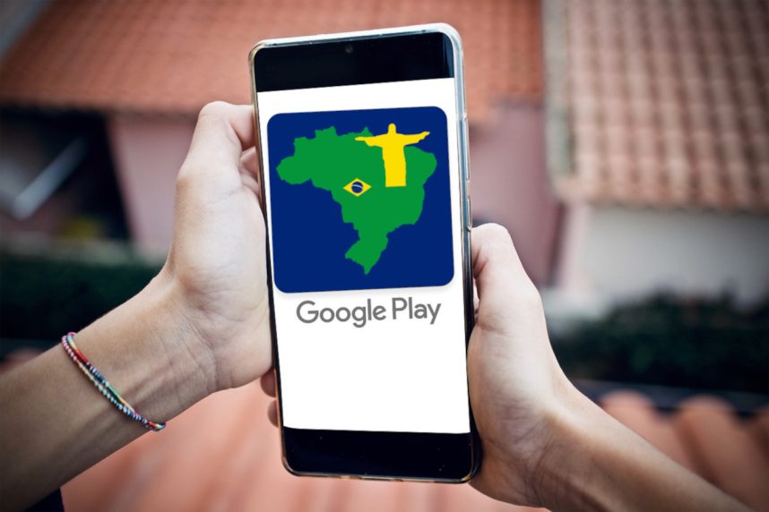 Hände halten Smartphone, Google Play Store