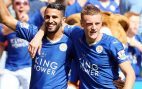 Leicester City’s Riyad Mahrez and Jamie Vardy