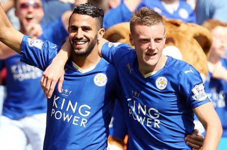 Leicester City’s Riyad Mahrez and Jamie Vardy