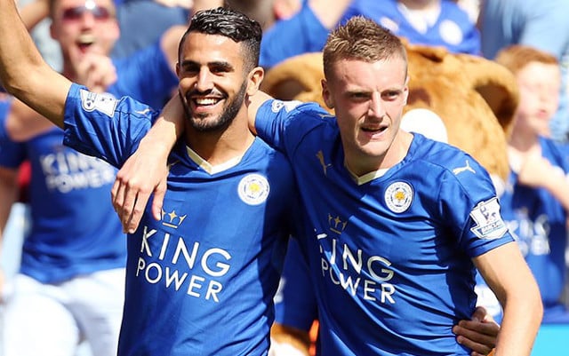 Leicester City’s Riyad Mahrez and Jamie Vardy 