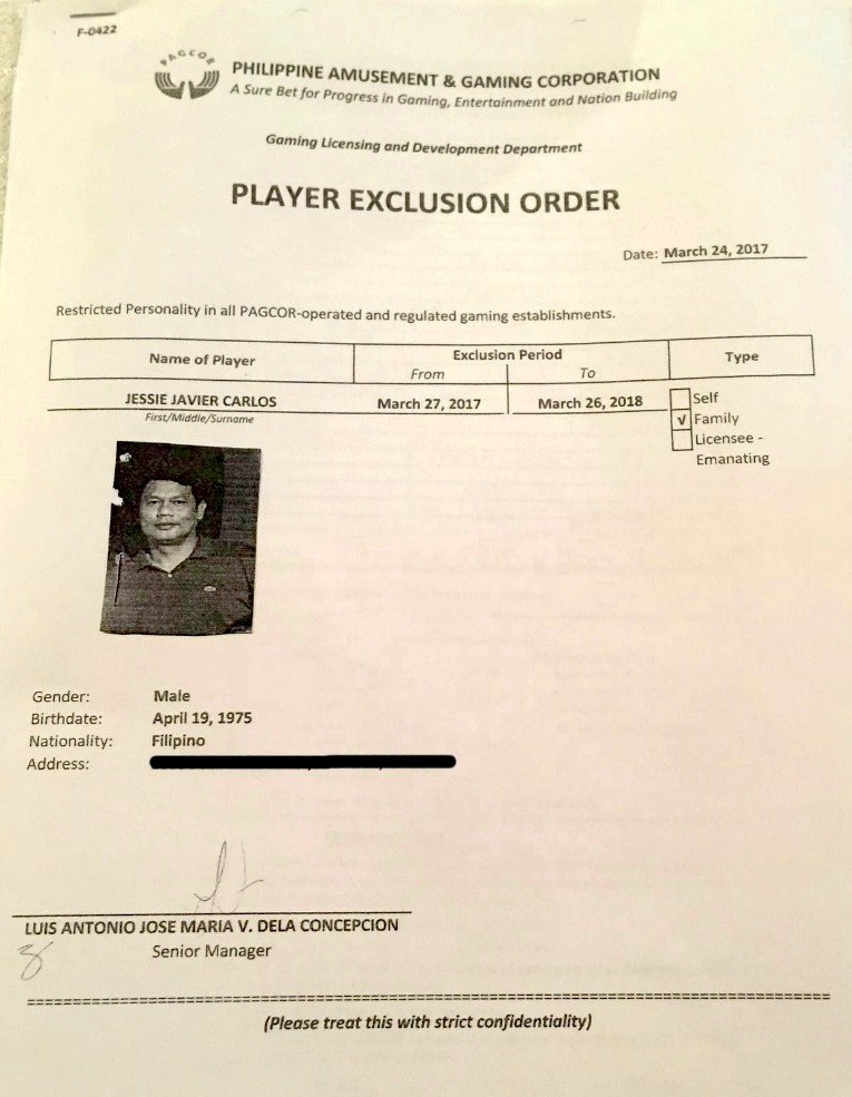 Exclusion order for Jessie Javier Carlos