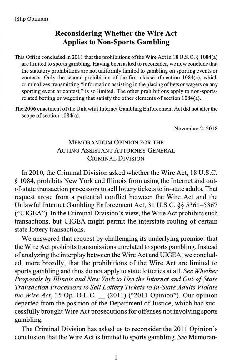 DOJ Reverses 2011 Wire Act Opinion, Online Gambling Impact Unclear