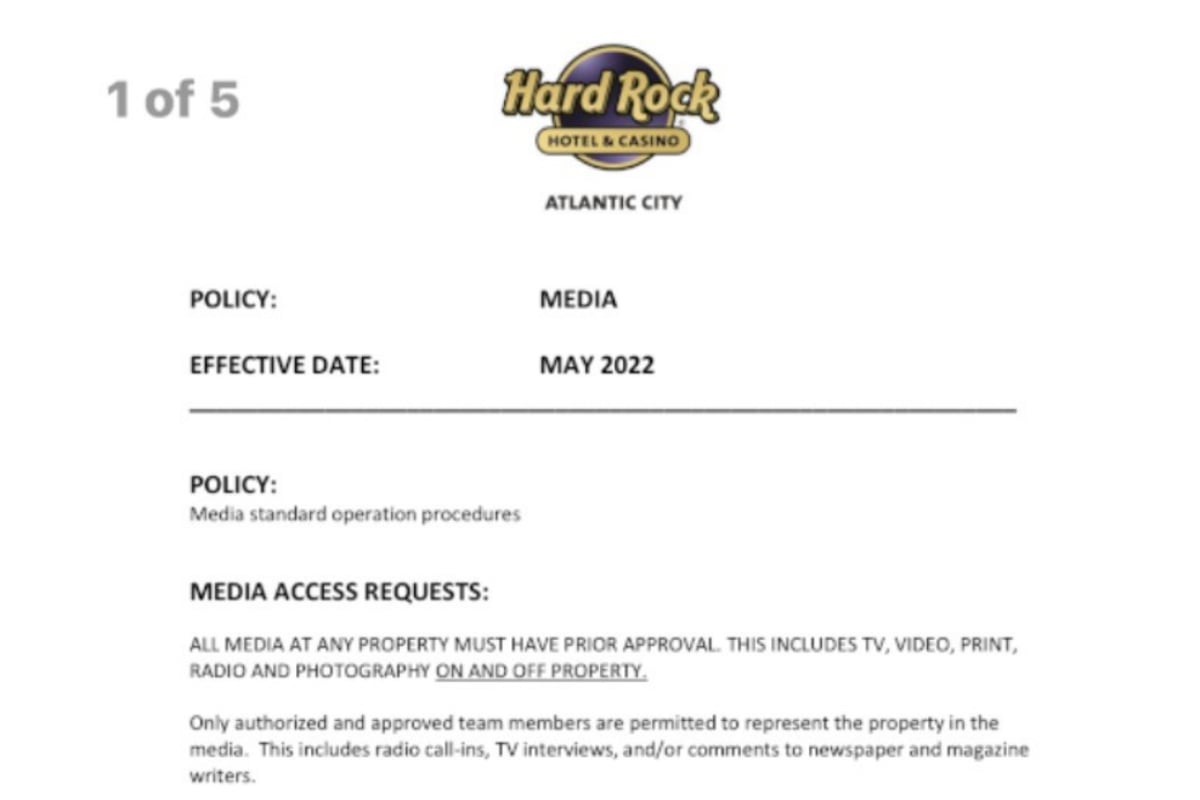 Hard Rock Atlantic City casino memo smoking