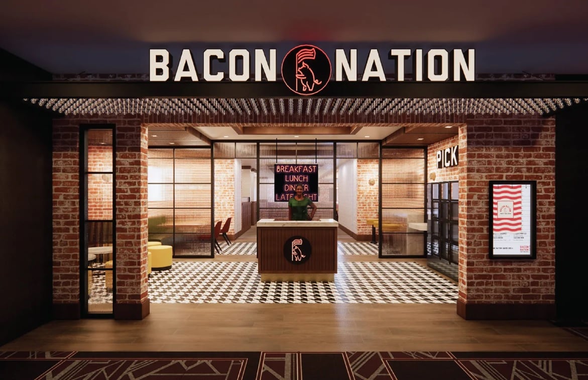 A rendering of Bacon Nation, a 24/7 bacon-forward eatery debuting at The D Las Vegas sometime in fall 2022.