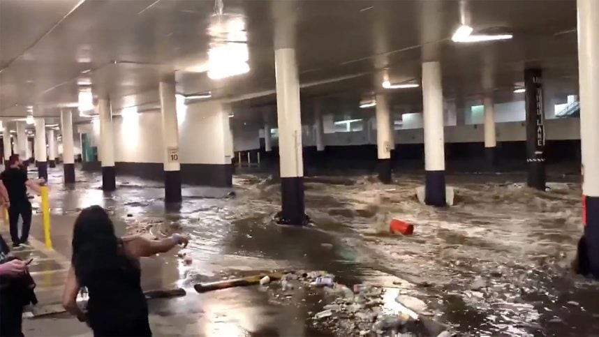 Storm water floods the Linq Hotel garage