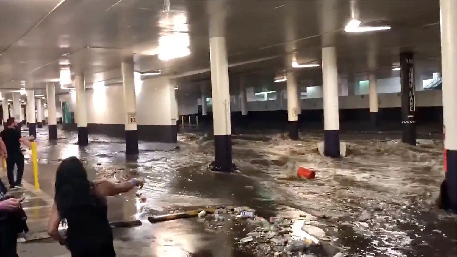 Storm water floods the Linq Hotel garage