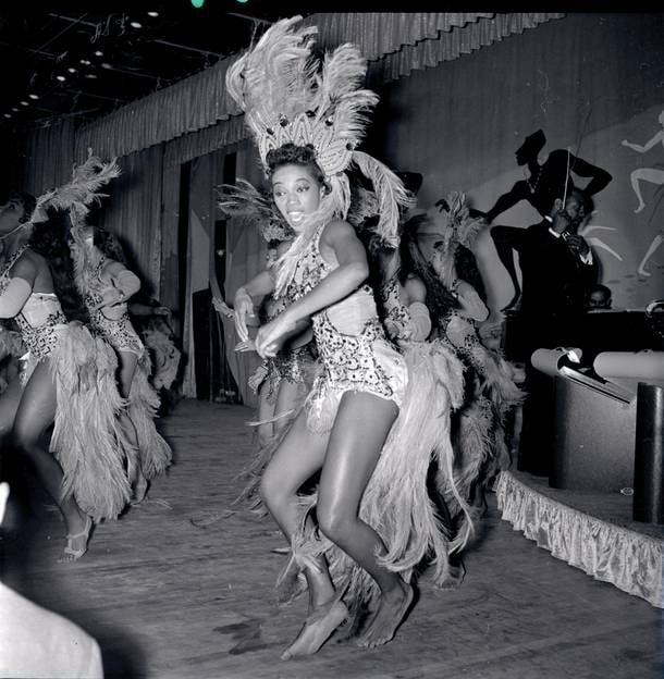 Boots Wade and other dancers perform at the Moulin Rouge’s opening on May 24, 1955. 