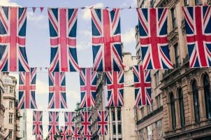 British banners hang in a street