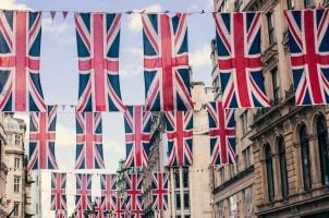 British banners hang in a street