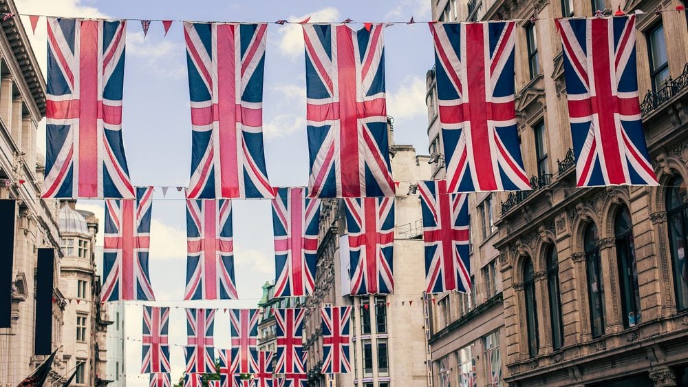 British banners hang in a street