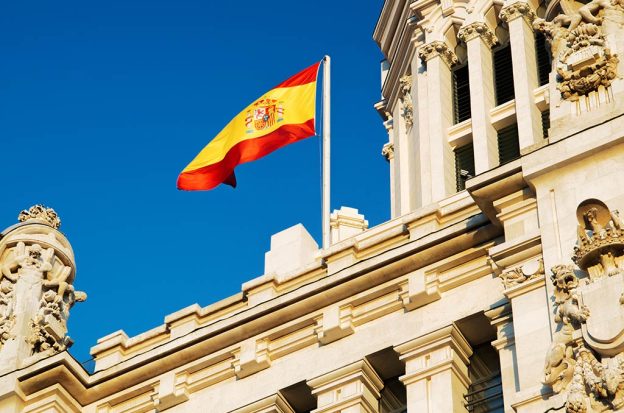 Spanish flag at Sybele Palace in Madrid