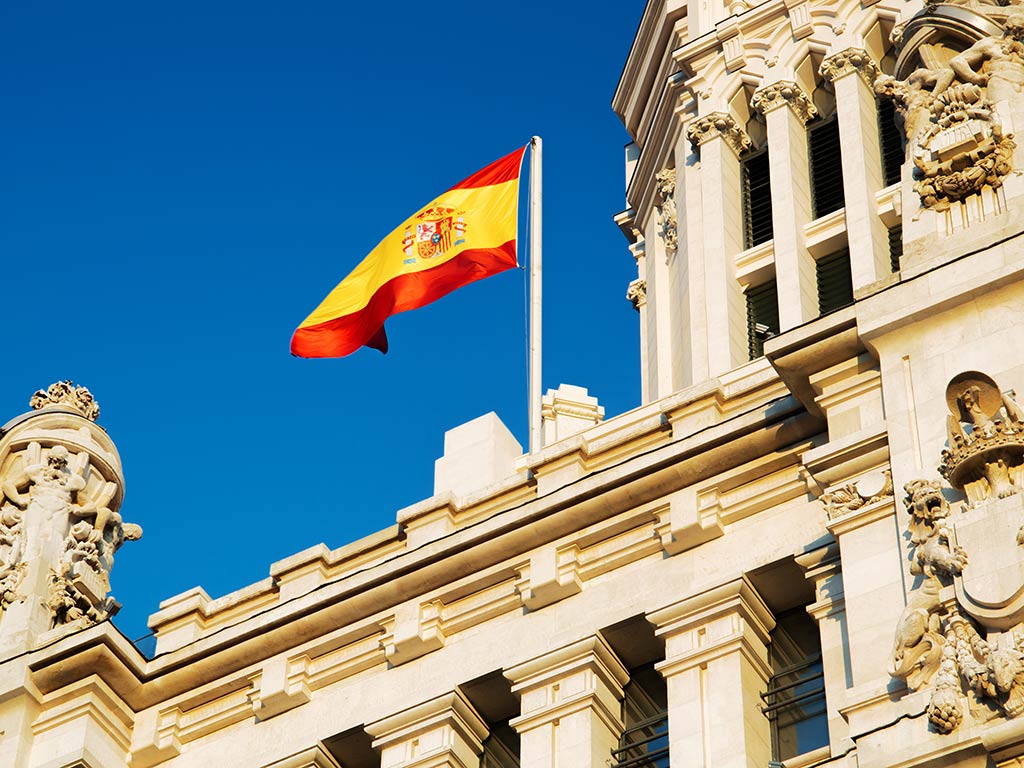 Spanish flag at Sybele Palace in Madrid