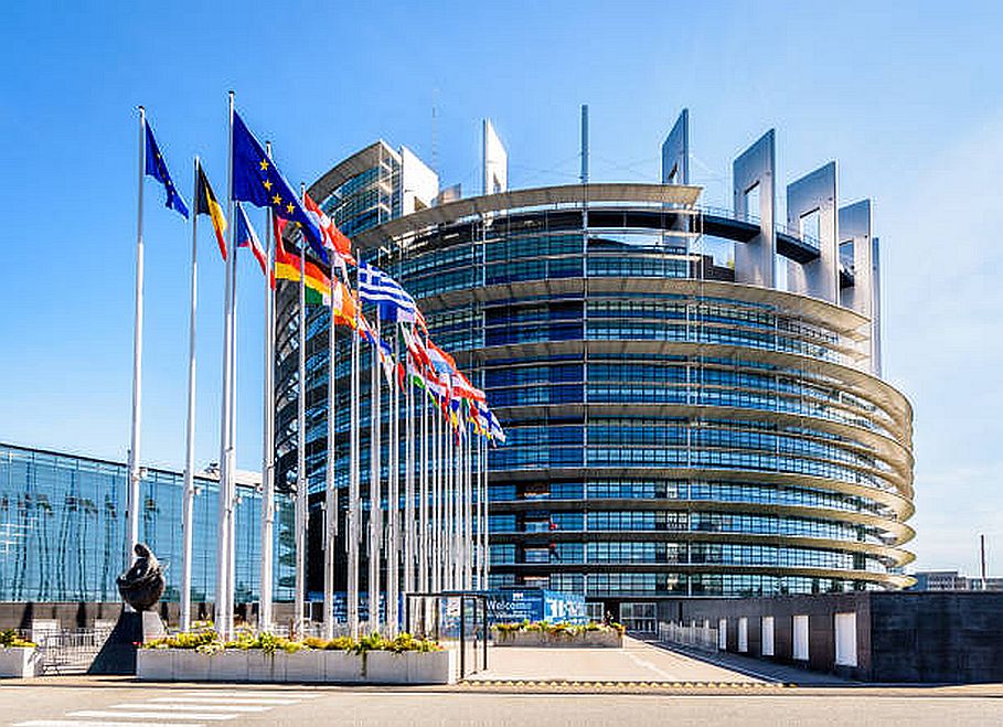 The entrance to the Louise Weiss building of the European Parliament