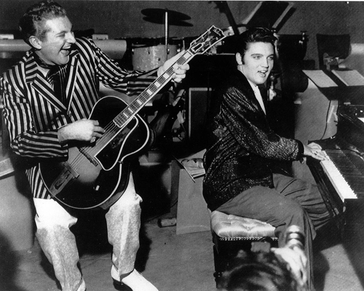 Liberace and Elvis jam on stage at the Riviera in 1956.