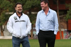 James Packer (right) shares a laugh with actor Russell Crowe