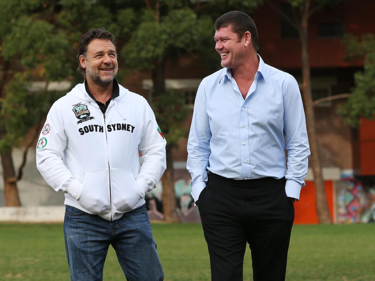 James Packer (right) shares a laugh with actor Russell Crowe