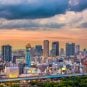 Osaka, Japan skyline at twilight.
