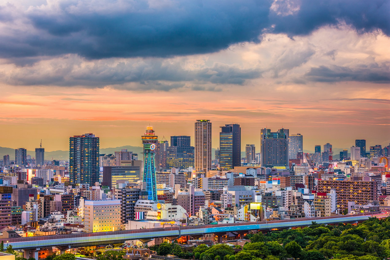 Osaka, Japan skyline at twilight.