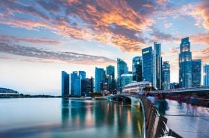 Singapore's skyline at Marina Bay at twilight