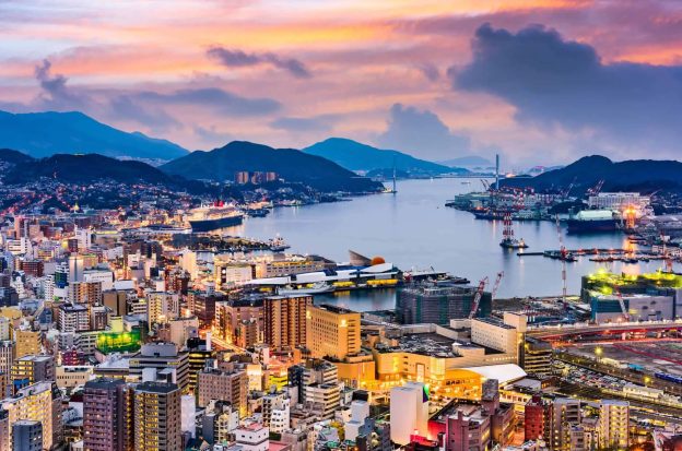 The harbor of Nagasaki, Japan, at twilight