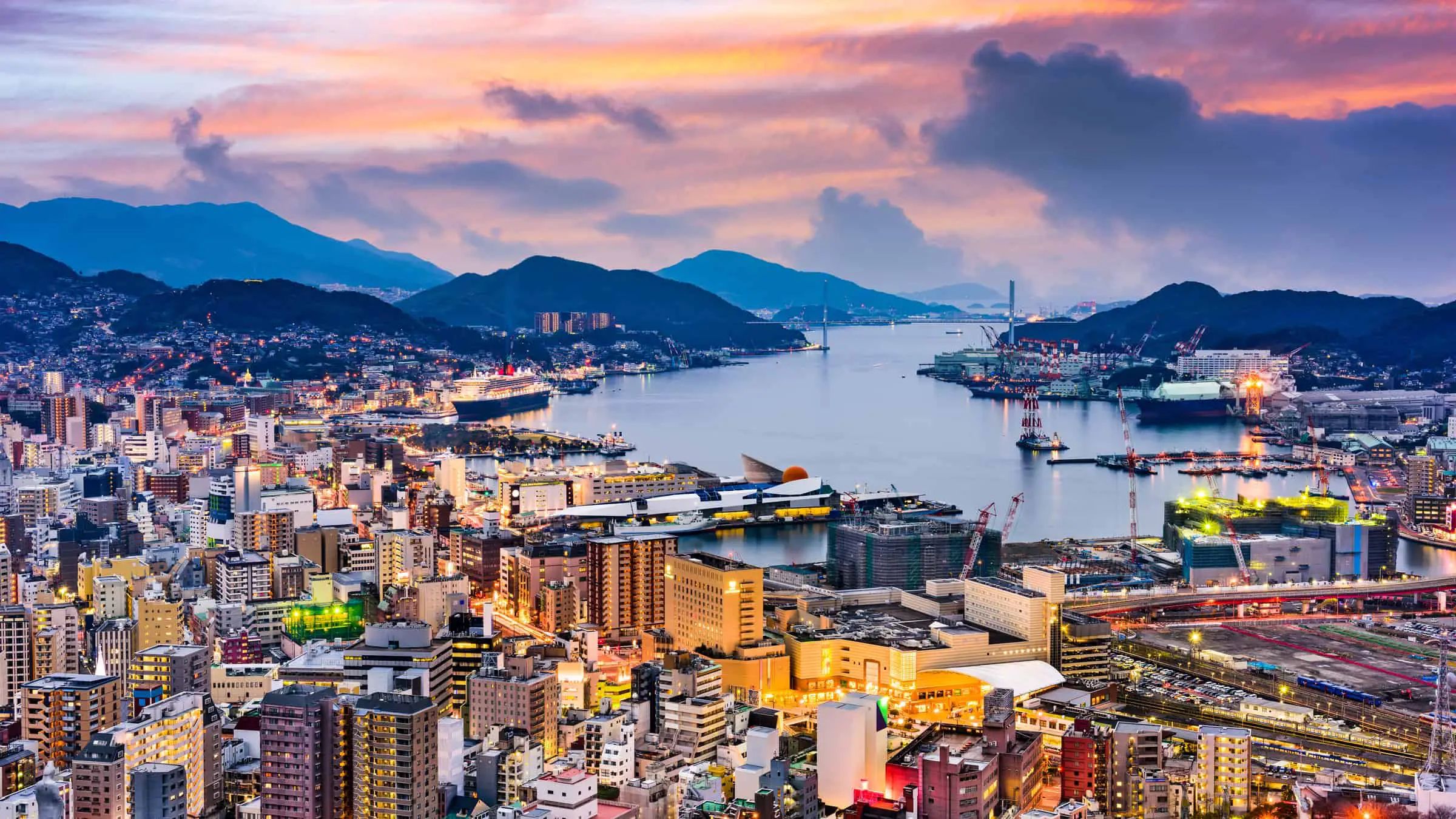 The harbor of Nagasaki, Japan, at twilight